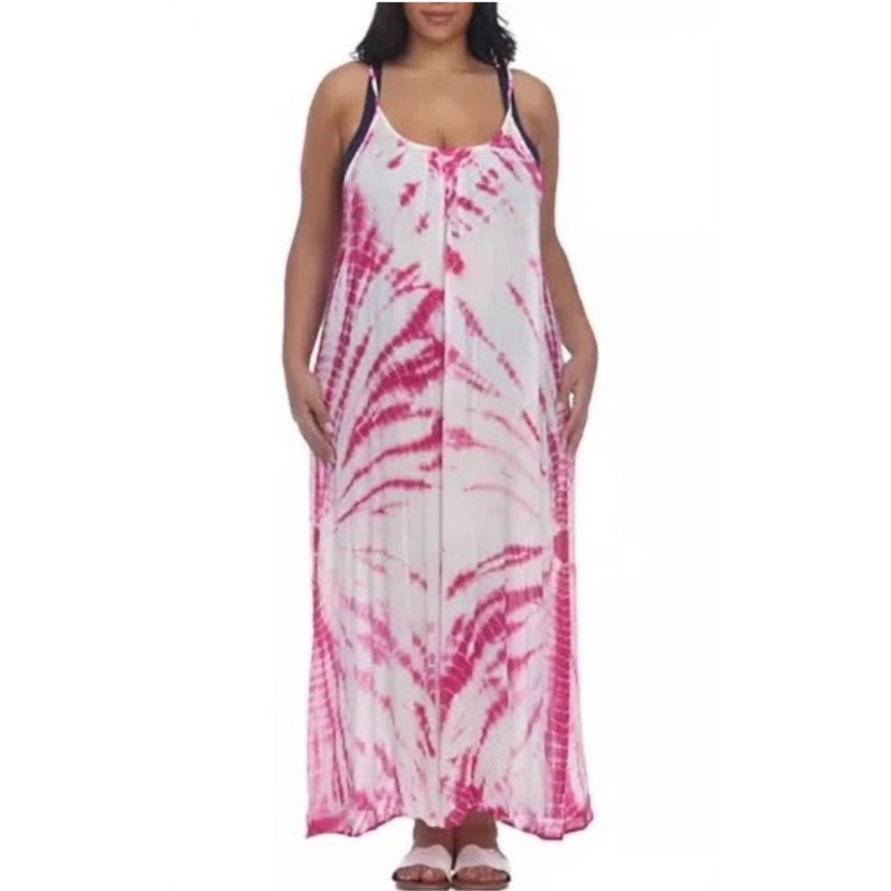 NWT Cute Beach Coverup. Tie Dye Adj Straps. Magenta & White. Sz. 2X
